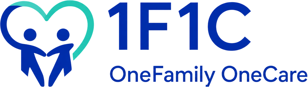The OneFamily, OneCare logo: two figures holding hands inside a heart outline, drawn in blue and teal, beside the wordmark 1F1C and the name OneFamily, OneCare.
