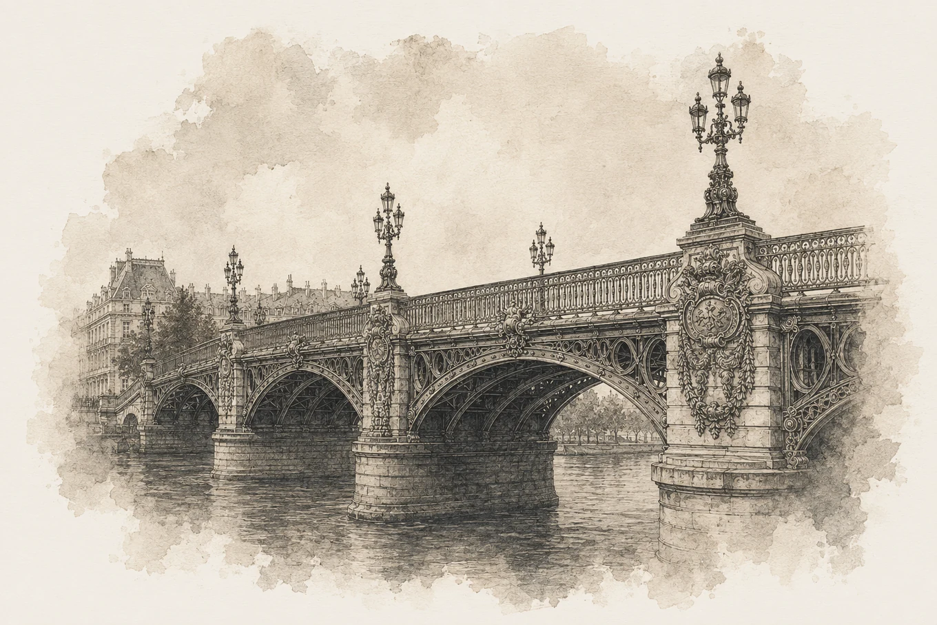 An engraved iron bridge with ornamental lamps, crossing a river.