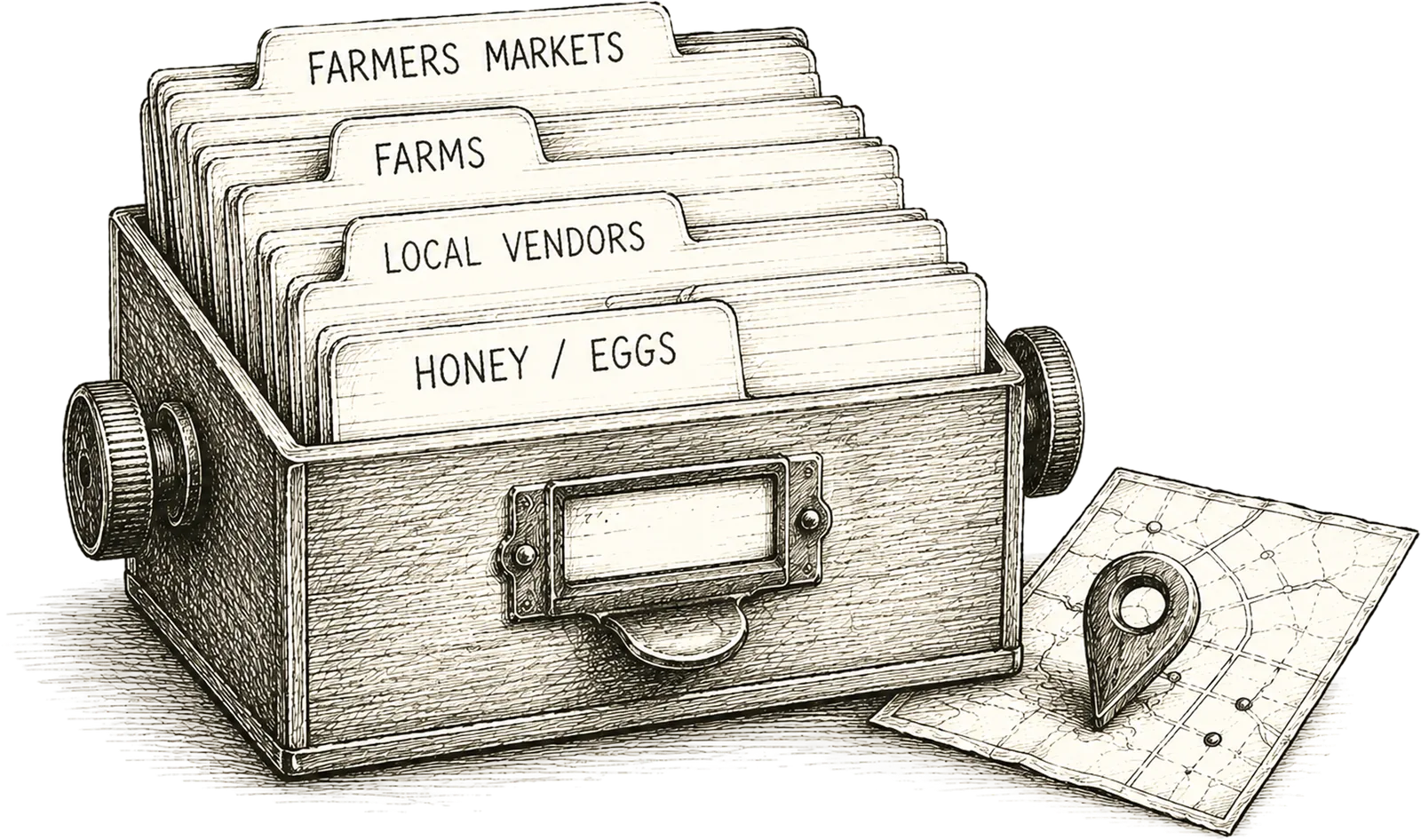 An engraved illustration of a wooden card index box, its tabbed cards labelled Farmers Markets, Farms, Local Vendors, and Honey slash Eggs. A folded road map with a single location pin leans against the box.