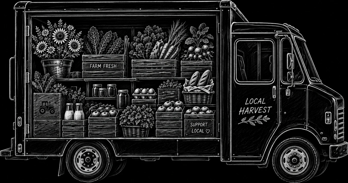 An ink drawing of a delivery van seen from the side, its whole cargo bay open and fitted out with shelves: a bucket of sunflowers, crates of greens, carrots, radishes, tomatoes and apples, jars of preserves, bottles of milk, a carton of eggs and a basket of bread. A crate reads Farm Fresh, another reads Support Local, and the cab door is lettered Local Harvest.