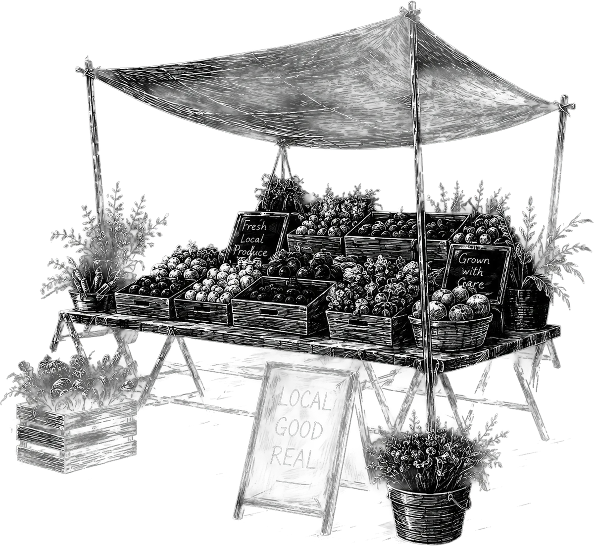 An engraved illustration of a farmers market stall under a canvas awning: crates of tomatoes, apples and greens on a trestle table, potted herbs and flowers around it, a chalkboard reading Fresh Local Produce, another reading Grown with Care, and a sandwich board in front reading Local, Good, Real.