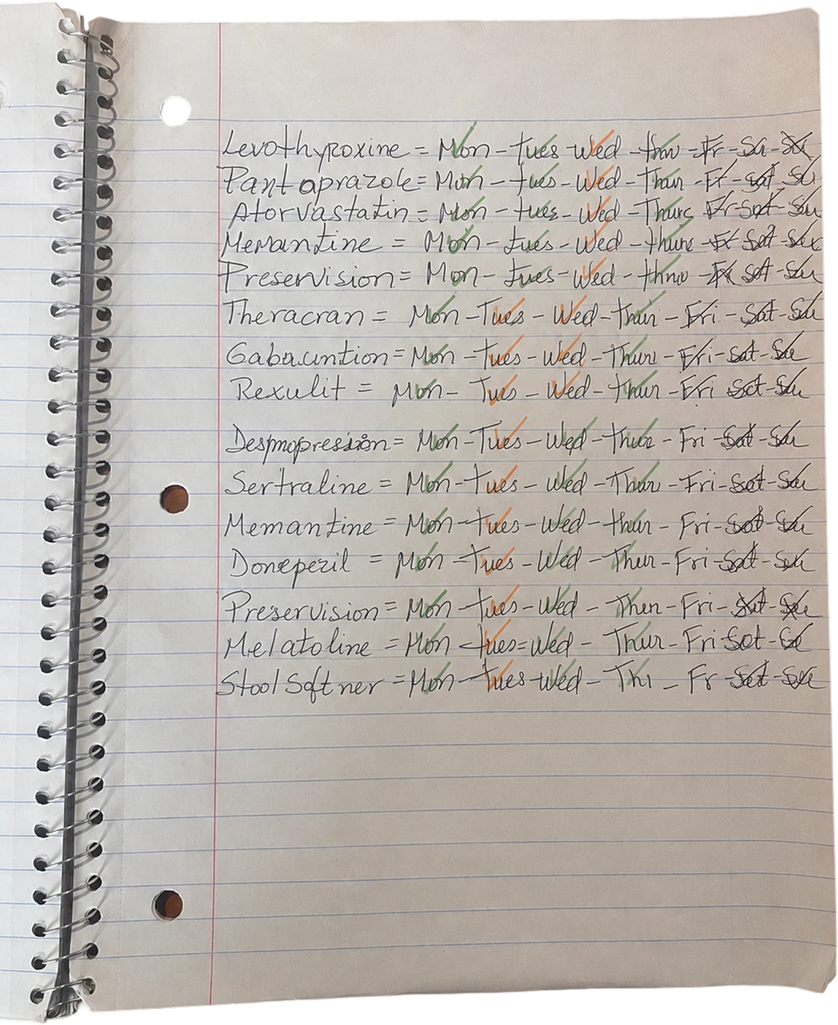 A spiral notebook page, handwritten. Each line lists a medication followed by the days of the week, with the days ticked off in green and orange highlighter.