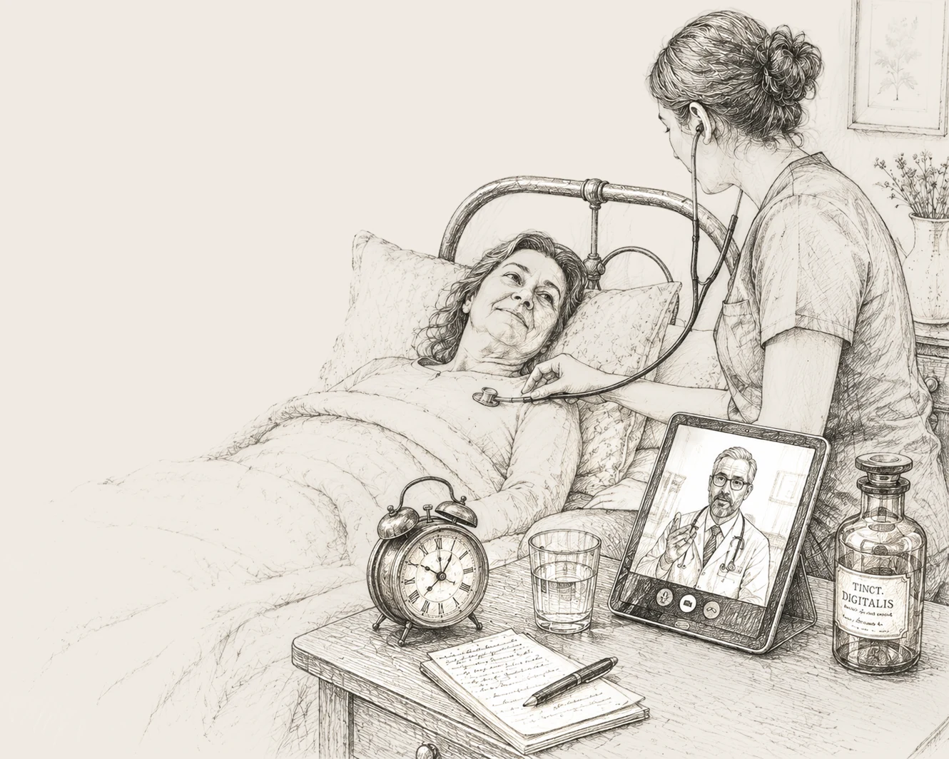 A pencil illustration of a nurse listening to a patient’s chest with a stethoscope while the patient lies in bed. On the bedside table a tablet is propped up showing a physician joining the visit by video, beside an alarm clock, a glass of water, a handwritten notebook with a pen, and a labelled apothecary bottle.