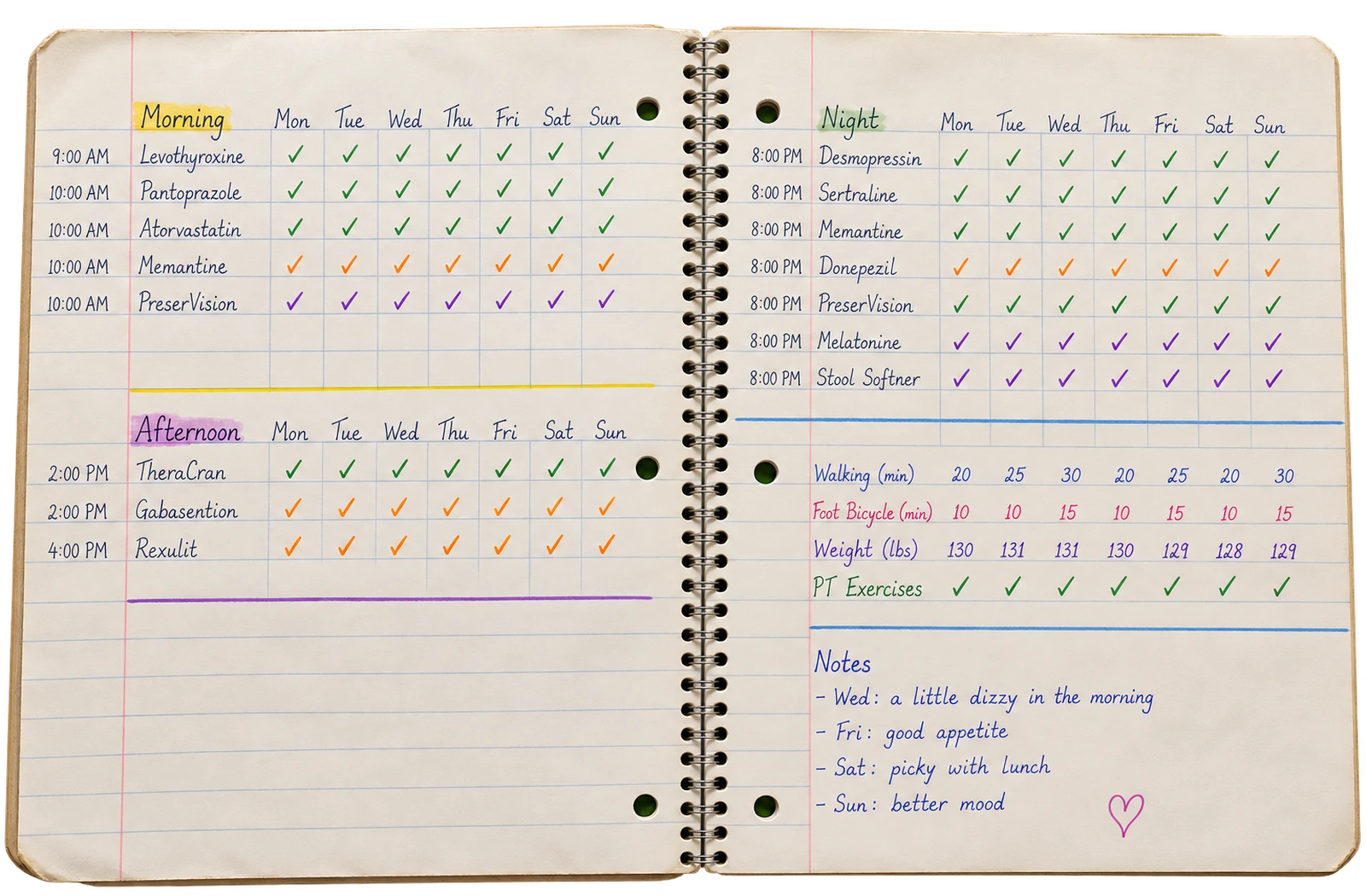 A recreated notebook spread, hand ruled. On the left page, Morning and Afternoon medications with their times and a column for each day Monday to Sunday, ticked off in coloured pen. On the right page, Night medications, then rows for walking in minutes, foot bicycle in minutes, weight in pounds and physical therapy exercises, and below them a short list of notes for each day.