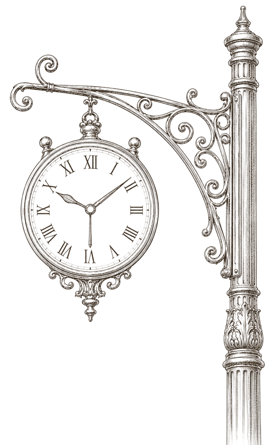 An ornate street clock hanging from a fluted lamp post