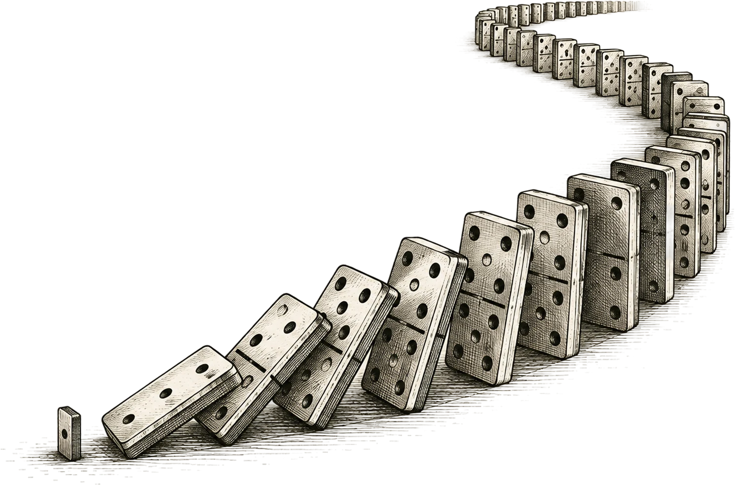A pencil drawing of dominoes mid-fall. One very small domino has toppled the next, and the chain curves away into the distance, each piece larger than the one before it.