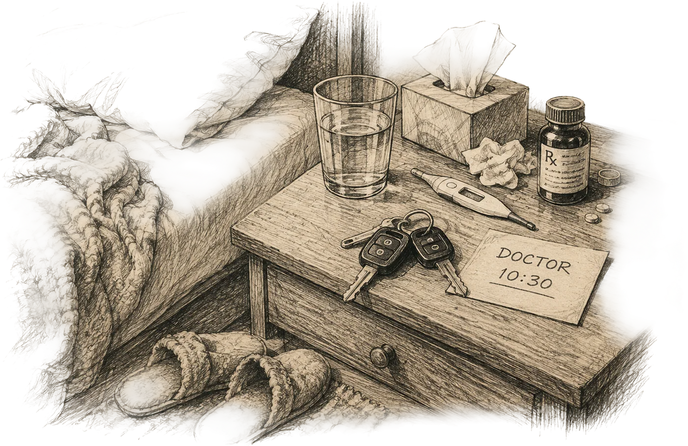 A pencil drawing of a bedside table beside a rumpled, empty bed. On it are a glass of water, a tissue box with used tissues, a thermometer, a prescription bottle with spilled pills, a set of car keys, and a handwritten note reading Doctor 10:30. Slippers sit on the floor under the table.
