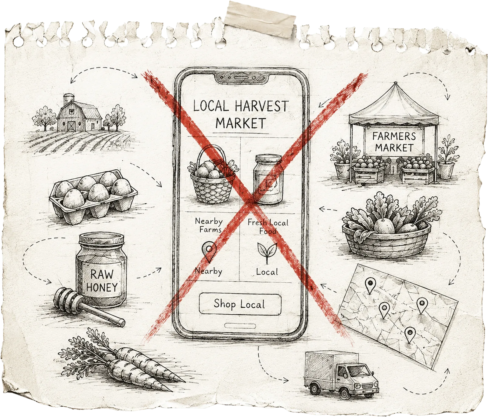 A torn sheet of notebook paper, taped at the top, covered in pencil sketches: a barn and ploughed fields, a carton of eggs, a jar of raw honey with a dipper, carrots, a farmers market stall, a basket of radishes, a pinned map and a delivery truck, with dashed arrows circling between them. In the middle is a phone showing a Local Harvest Market app listing nearby farms and fresh local food, with a Shop Local button. The phone is struck through with a large red X.