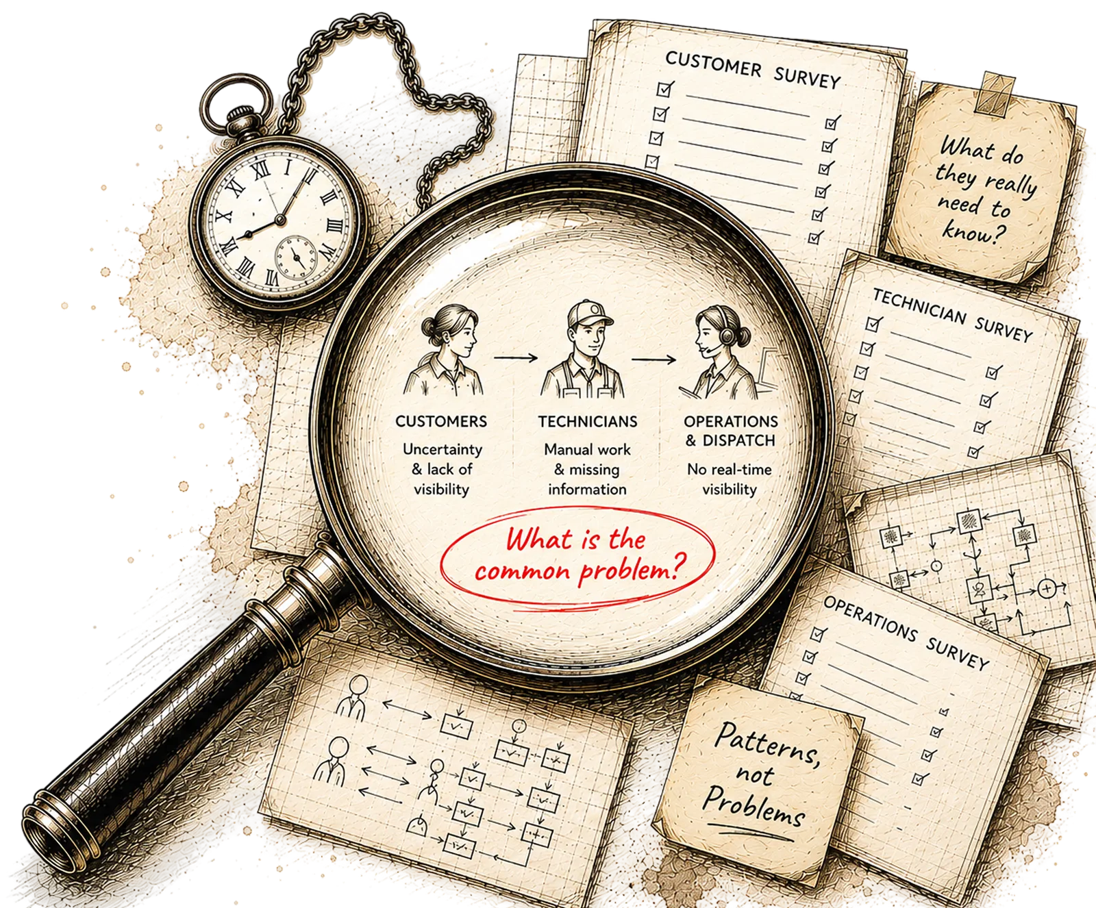 An engraved illustration: a magnifying glass resting over customer, technician and operations survey forms, with a pocket watch and handwritten notes around them. Inside the lens, three figures are labelled Customers, uncertainty and lack of visibility; Technicians, manual work and missing information; Operations and Dispatch, no real-time visibility. Circled in red beneath them: what is the common problem? Two pinned notes read what do they really need to know, and patterns, not problems.