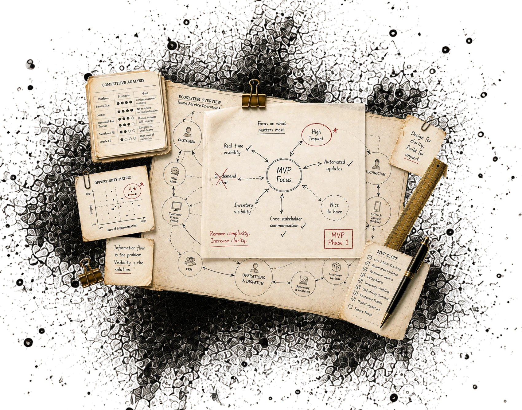 An engraved illustration of an open notebook surrounded by pinned cards and an ink splatter. A Competitive Analysis card lists ServiceTitan, Jobber, Housecall Pro Tracker, Salesforce FS and Oracle FS with their strengths scored as filled dots and their gaps written alongside: limited customer visibility, no real-time technician location, manual updates still required, complex for small teams, high cost of ownership. An Opportunity Matrix card plots points against impact and ease of implementation, with a cluster circled in red in the high-impact, high-ease corner. Across the notebook, an Ecosystem Overview connects the customer, SMS alerts, a customer tracker on web, CRM, Operations and Dispatch, reporting and analytics, an inventory system, an in-truck console and the technician. A sheet laid over it reads MVP Focus at the centre, with real-time visibility, automated updates, inventory visibility and cross-stakeholder communication ticked, on-demand chat crossed out, High Impact circled in red and a dashed Nice to have. It is stamped MVP Phase 1 and reads: focus on what matters most, remove complexity, increase clarity. An MVP Scope checklist ticks live ETA and tracking, automated updates, technician status, delay alerts, inventory visibility, end-of-day summary, customer profile and digital signature, leaving future phase unticked. Handwritten notes read: information flow is the problem, visibility is the solution; design for clarity, build for impact.