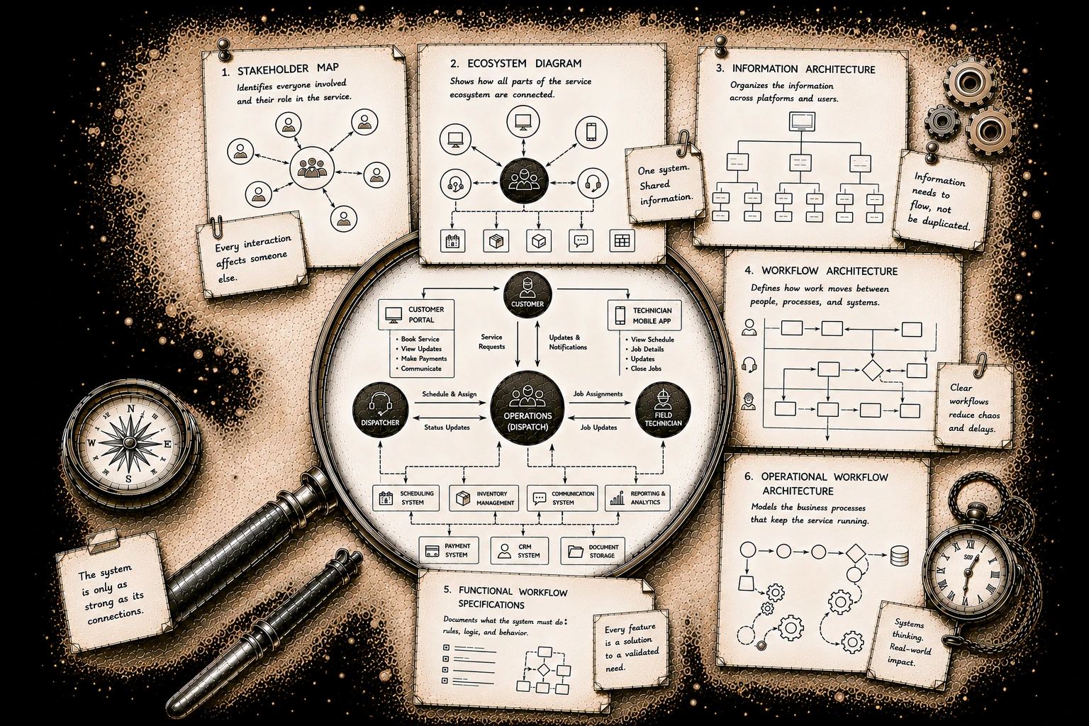 An engraved illustration of six pinned papers laid out around a brass magnifying glass, with a compass and a pocket watch at the edges. The papers are numbered: 1 Stakeholder Map, identifies everyone involved and their role in the service; 2 Ecosystem Diagram, shows how all parts of the service ecosystem are connected; 3 Information Architecture, organizes the information across platforms and users; 4 Workflow Architecture, defines how work moves between people, processes and systems; 5 Functional Workflow Specifications, documents what the system must do: rules, logic and behavior; 6 Operational Workflow Architecture, models the business processes that keep the service running. Under the magnifier, the ecosystem is drawn in full: a Customer Portal for booking, updates, payments and messages, and a Technician Mobile App for schedule, job details, updates and closing jobs, both connected through Operations and Dispatch, with a Dispatcher on one side and a Field Technician on the other, over a row of supporting systems for scheduling, inventory, communication, reporting, payment, CRM and document storage. Handwritten notes around the edges read: every interaction affects someone else; one system, shared information; information needs to flow, not be duplicated; clear workflows reduce chaos and delays; every feature is a solution to a validated need; systems thinking, real-world impact; the system is only as strong as its connections.