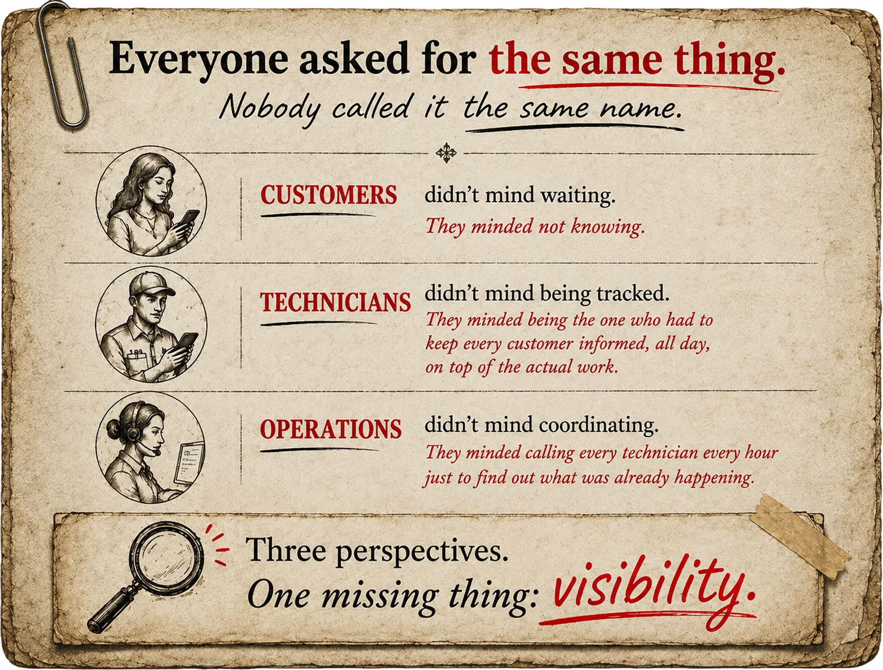 A pinned paper card headed: everyone asked for the same thing, nobody called it the same name. Customers didn't mind waiting, they minded not knowing. Technicians didn't mind being tracked, they minded being the one who had to keep every customer informed all day on top of the actual work. Operations didn't mind coordinating, they minded calling every technician every hour just to find out what was already happening. A taped strip at the foot reads: three complaints, one missing thing, visibility.