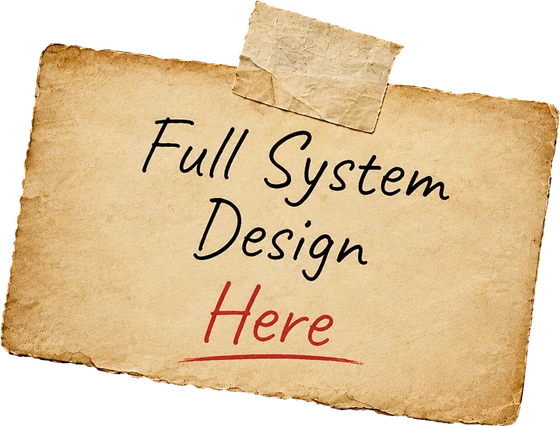Handwritten note reading Full System Design Here, linking to the system design page.