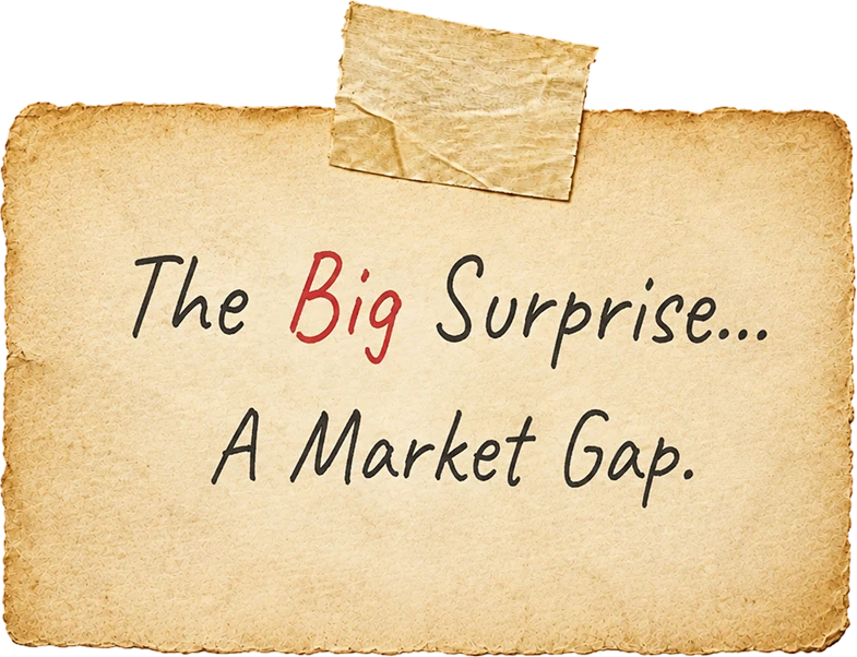 A taped aged note reading: The Big Surprise... A Market Gap.