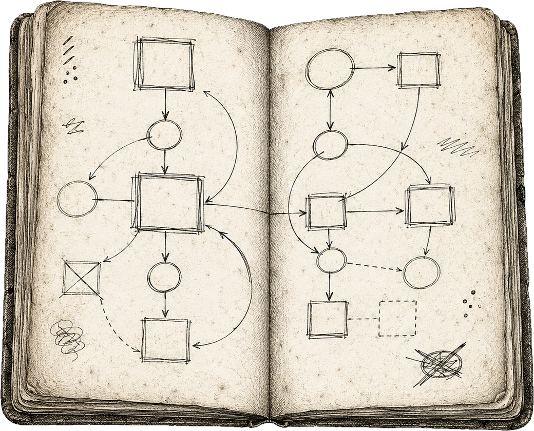 An open notebook with a system sketched by hand across both pages: boxes and circles joined by arrows, one crossed out, notes in the margin.