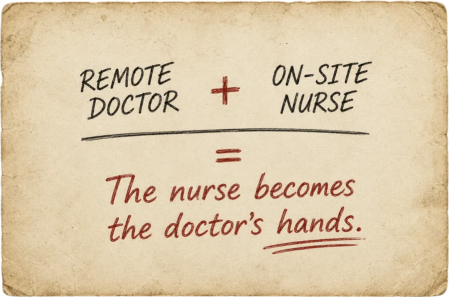 A handwritten card reading remote doctor plus on-site nurse equals the nurse becomes the doctor&rsquo;s hands.