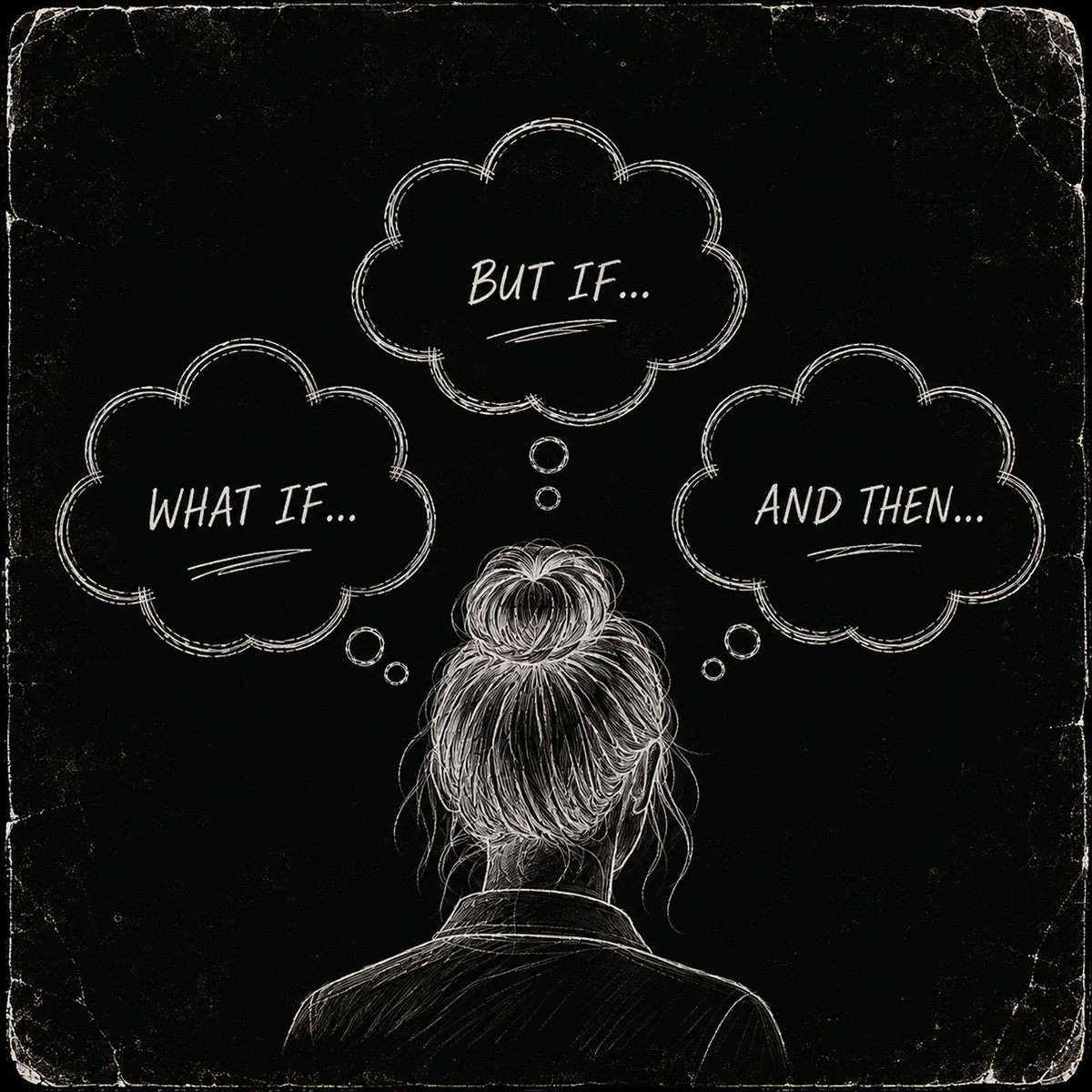 A chalkboard drawing seen from behind a woman with her hair in a bun, three thought bubbles above her head reading What if, But if, and And then.