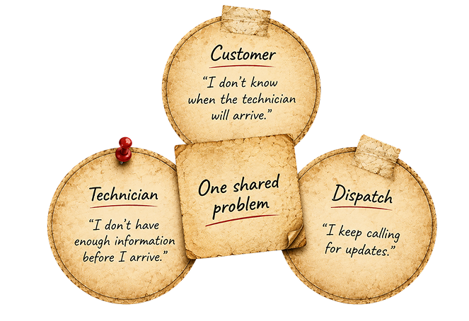 Three taped paper notes around a central note reading 'One shared problem', Customer: I don't know when the technician will arrive; Technician: I don't have enough information before I arrive; Dispatch: I keep calling for updates.