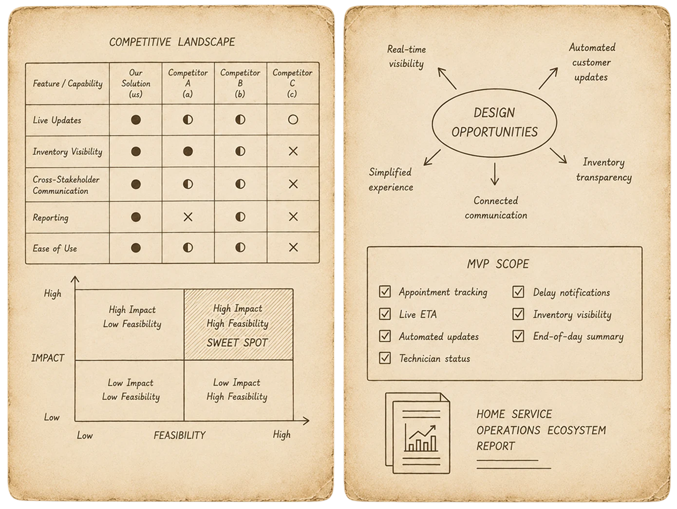Competitive Landscape comparison table and an Impact versus Feasibility matrix, beside the Design Opportunities map and the MVP Scope checklist.