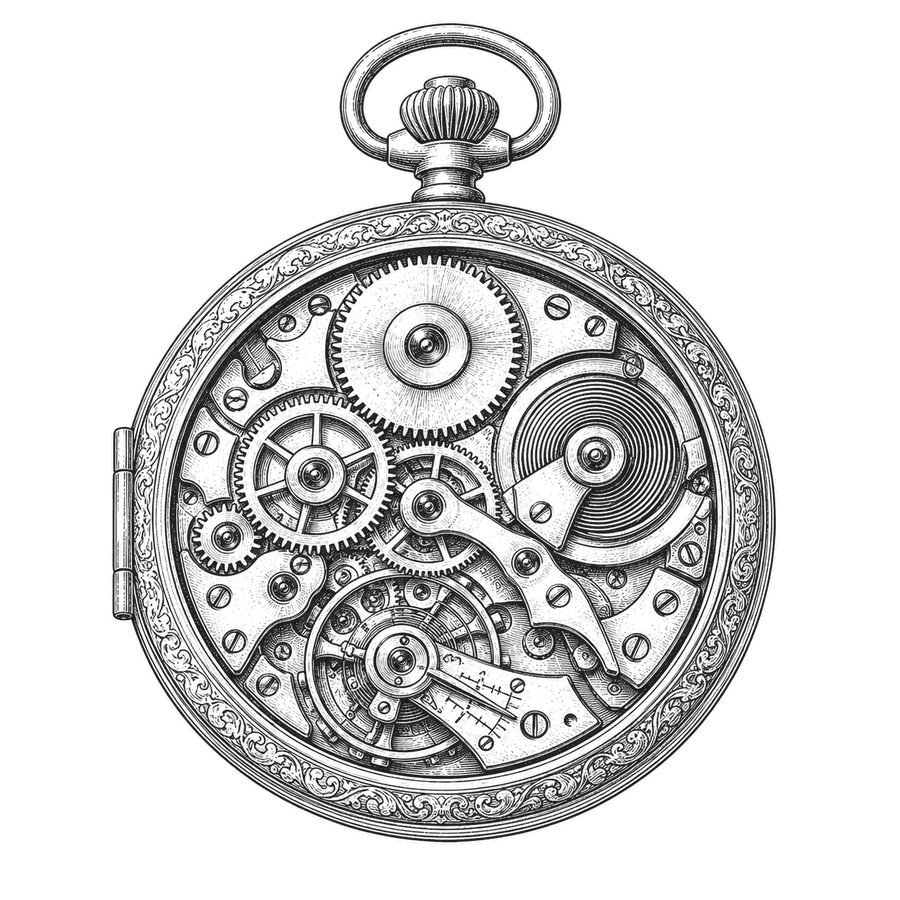 An antique pocket watch. Its engraved cover opens, then the clock face beneath it opens, revealing the movement inside.