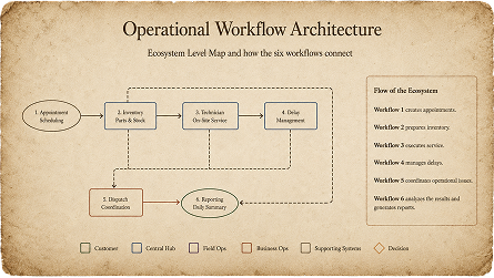 Operational Workflow Architecture, ecosystem-level map of how the six workflows connect.